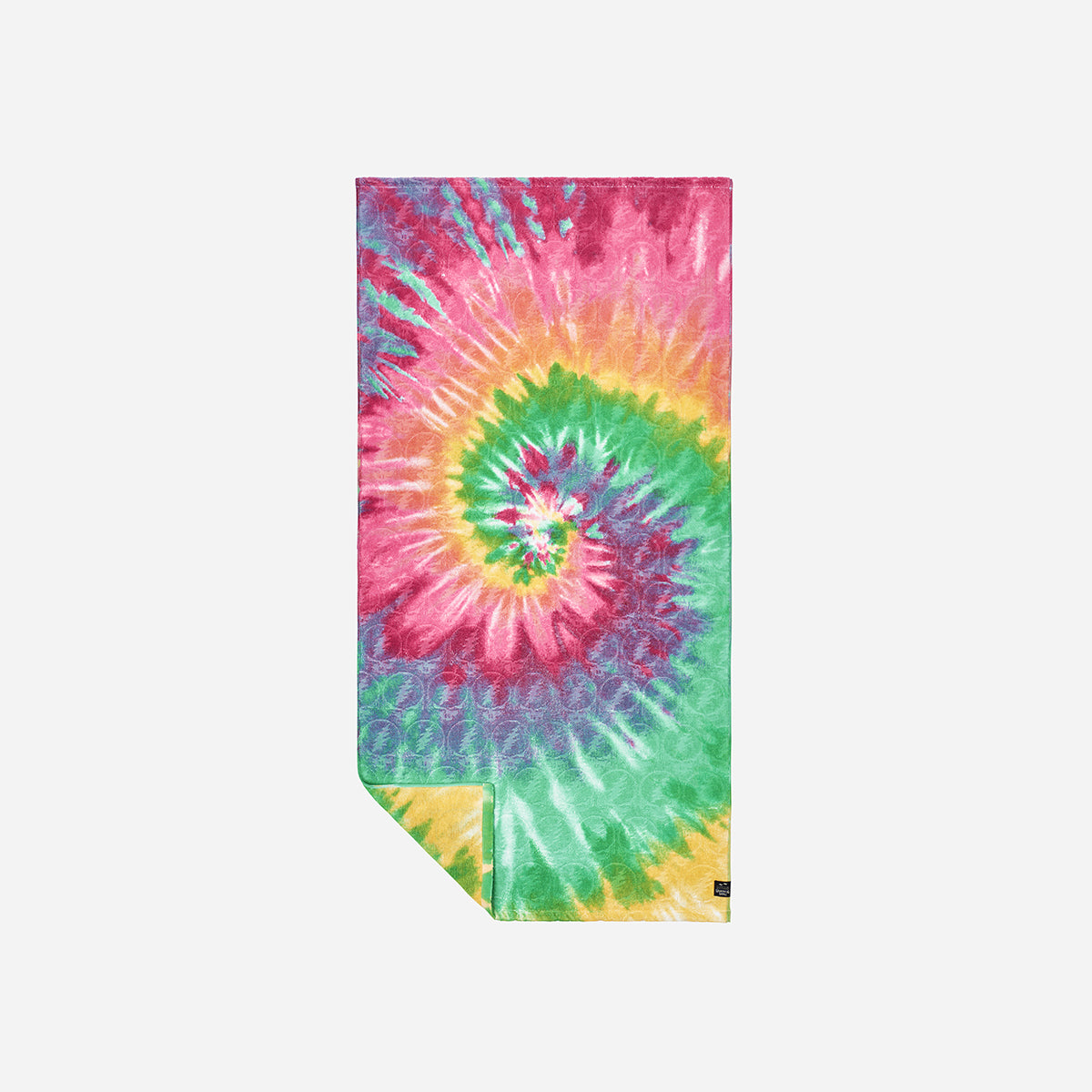 Bath towel with vibrant pink, yellow, green, and blue tie-dye spiral design.