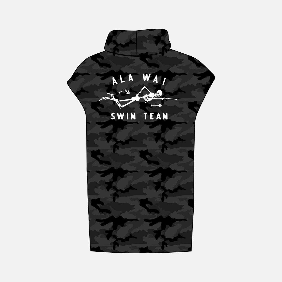 Black camo towel poncho with skeleton graphic and swim team text on the back.