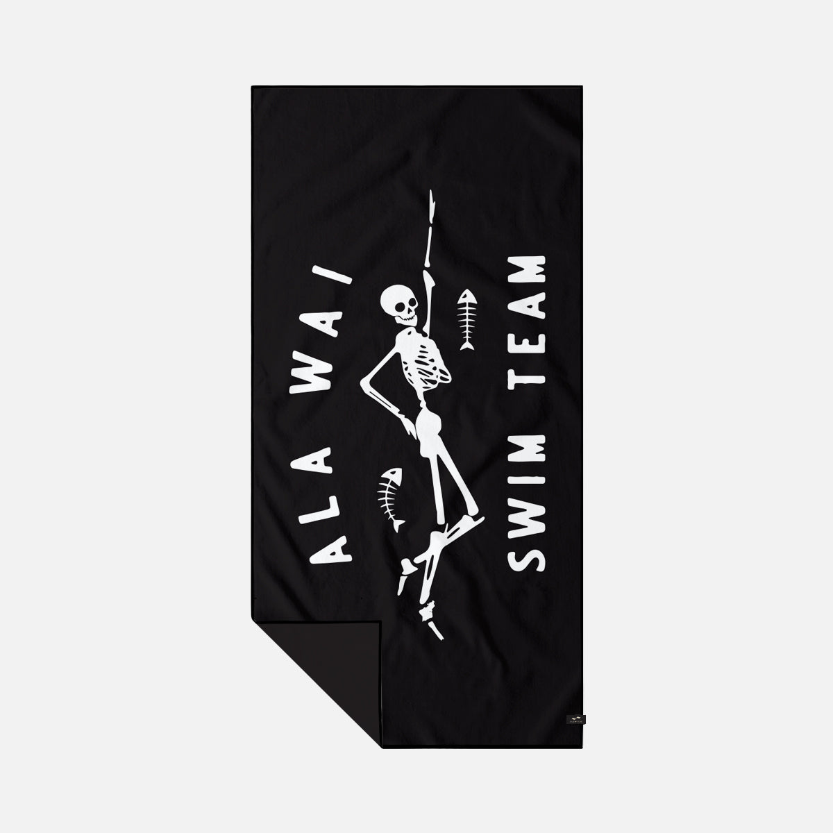 Black sand resistant towel with white skeleton and bold text design.