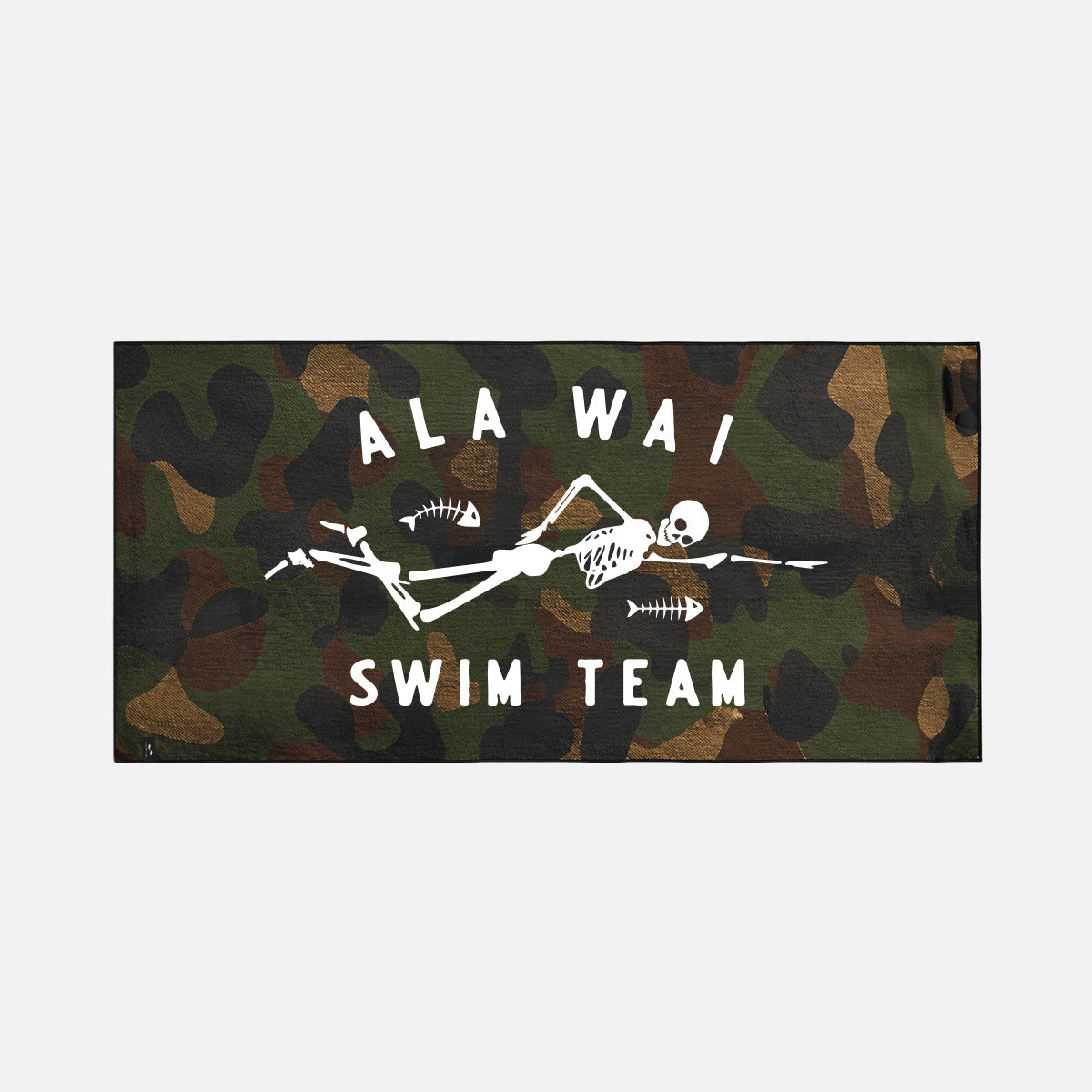 Recycled plastic camo towel with white skeleton graphic and bold swim team lettering.
