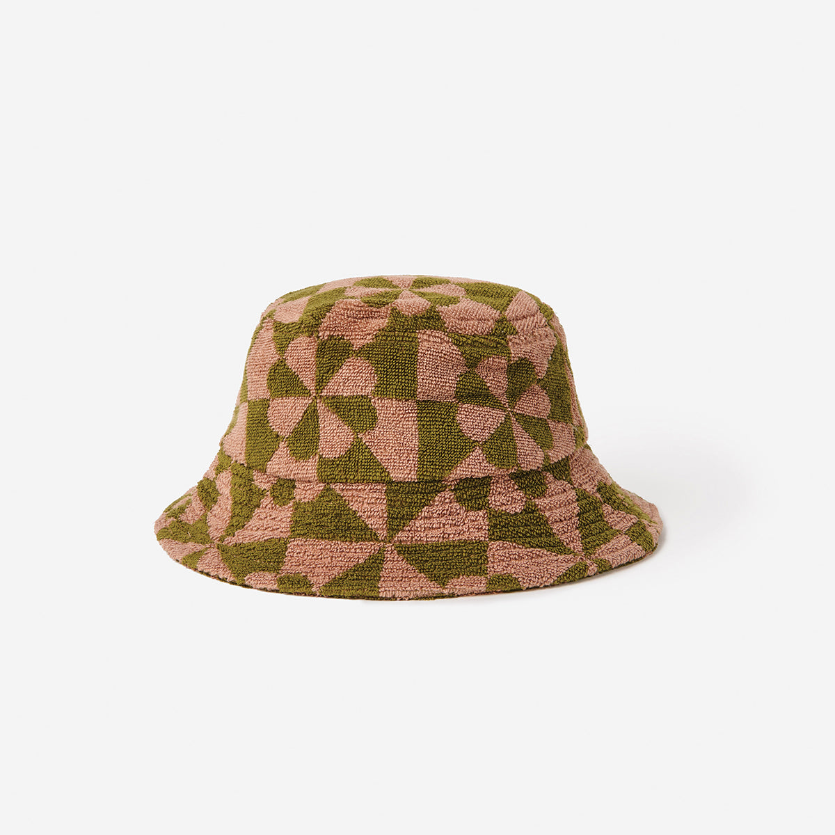 Cotton terry bucket hat with green and pink geometric pattern on white background.