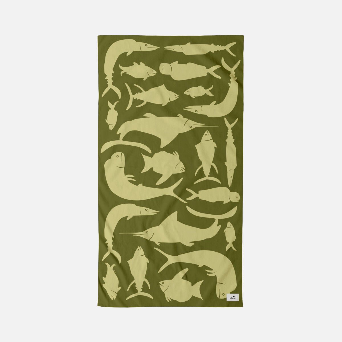 Velour towel with light green fish pattern in assorted shapes and sizes.