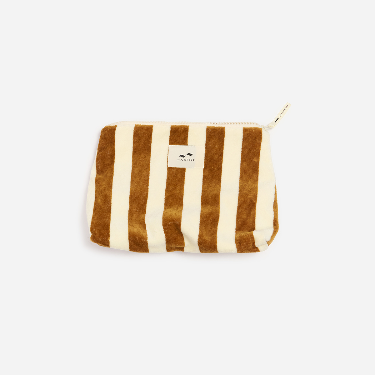 Terry pouch with brown and cream vertical stripes and small white front label.