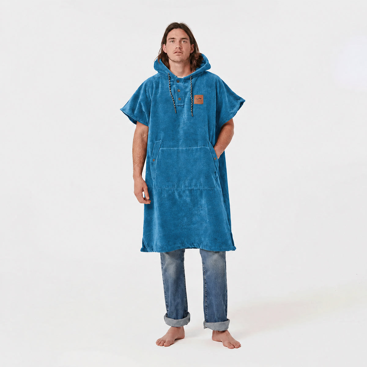 Blue towel poncho with hood and kangaroo pocket.