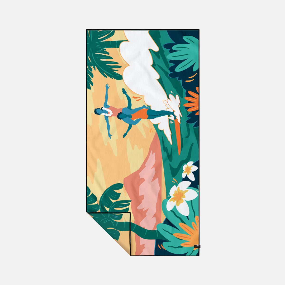 Towel poncho with tropical floral and wave print, absorbent material for beach or pool use.