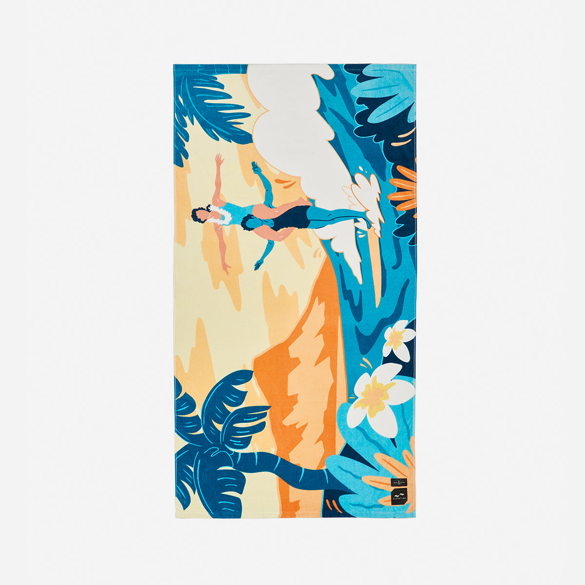 Beach towel, absorbent cotton, tropical leaf and flower print with ocean wave design.
