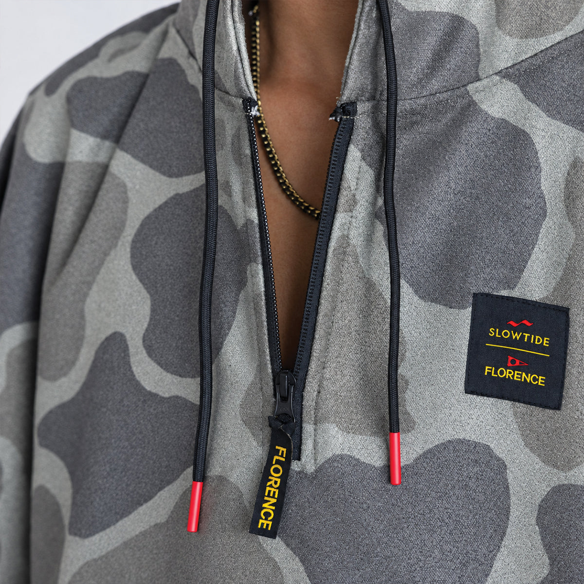 Gray camo surf changing poncho with half-zip and drawstrings.