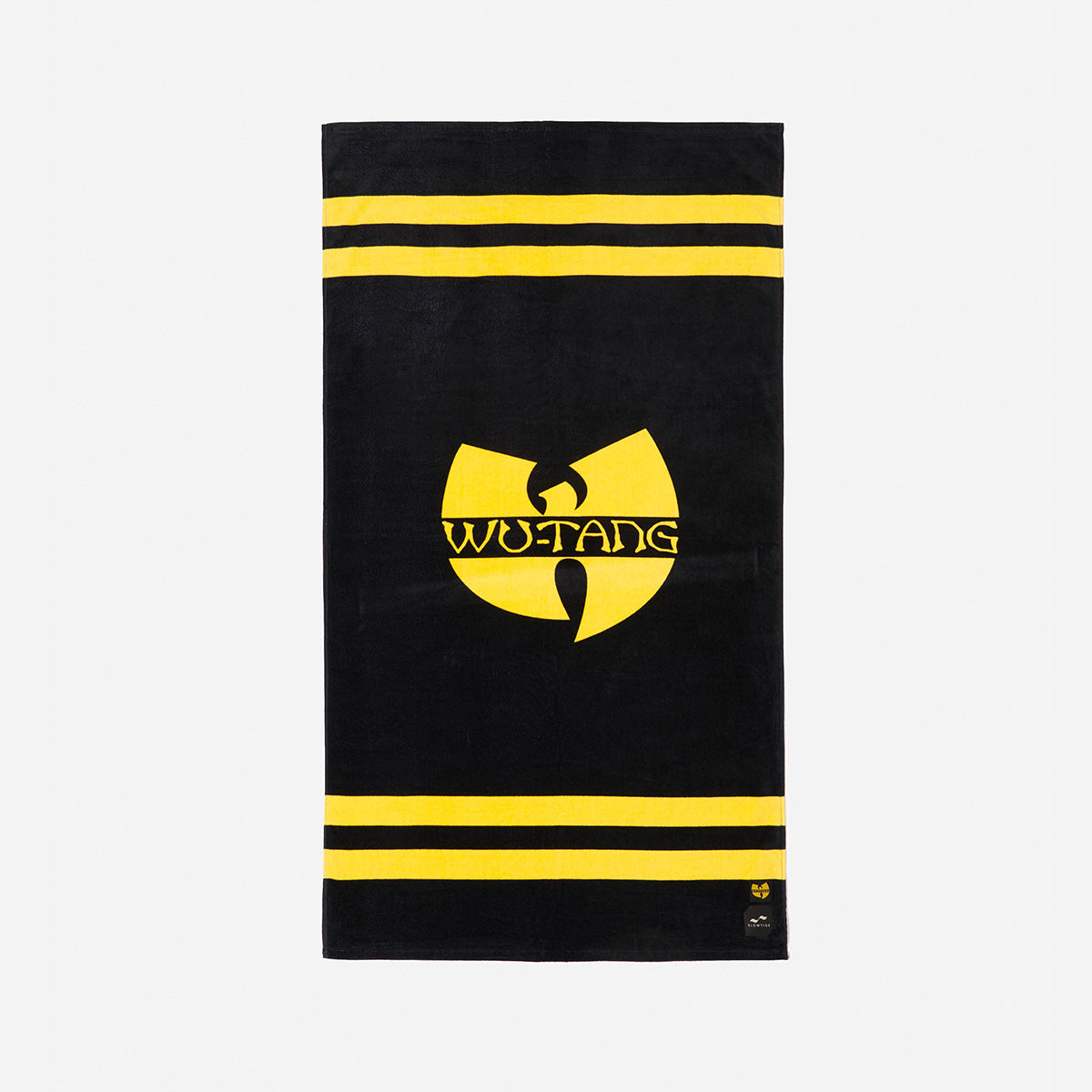 Velour towel with yellow logo and stripes on black.