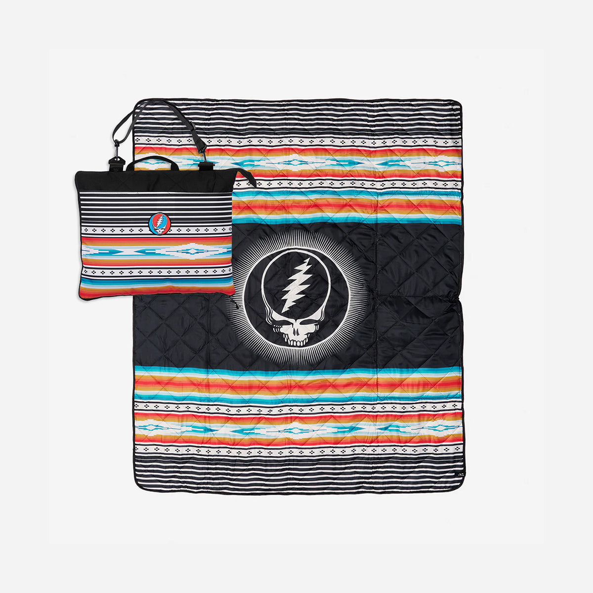 Picnic blanket with skull logo shown folded, unfolded, and with carrying bag.