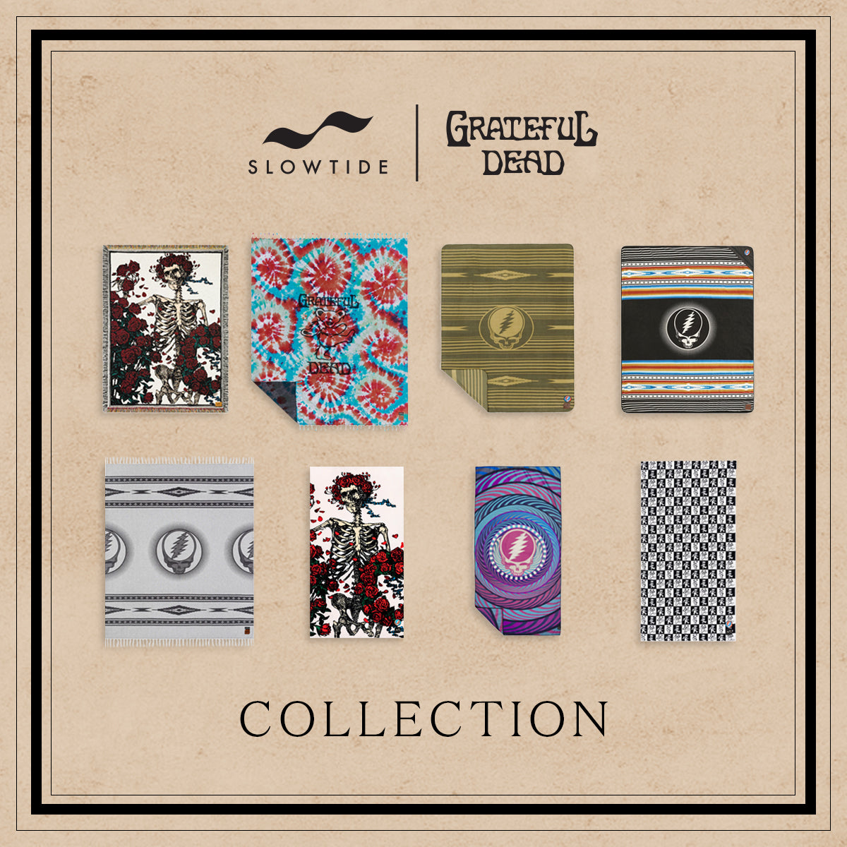 Patterned cotton towels with vibrant designs, displayed in two neat rows.