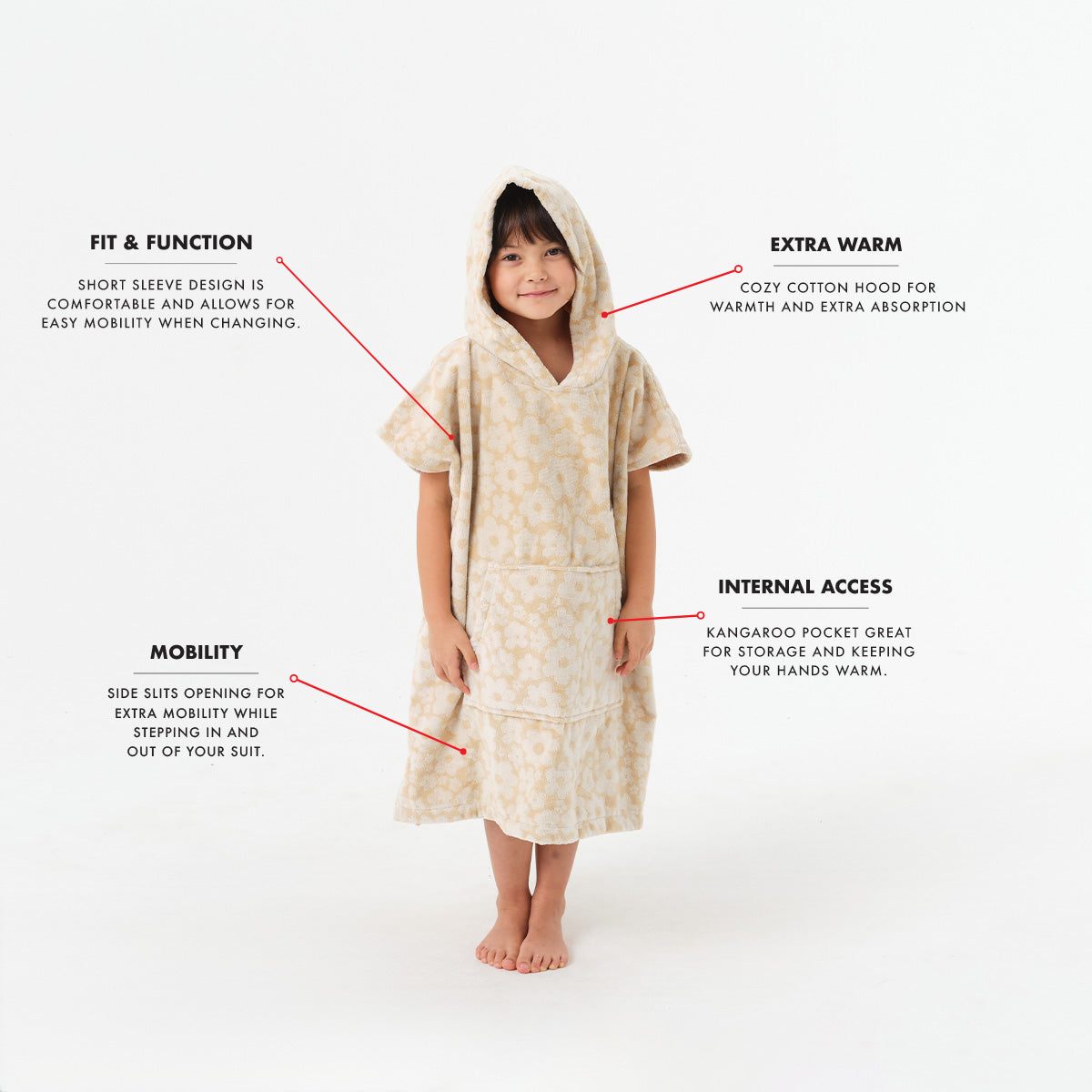 Kids cotton terry poncho with cozy warmth and easy movement.