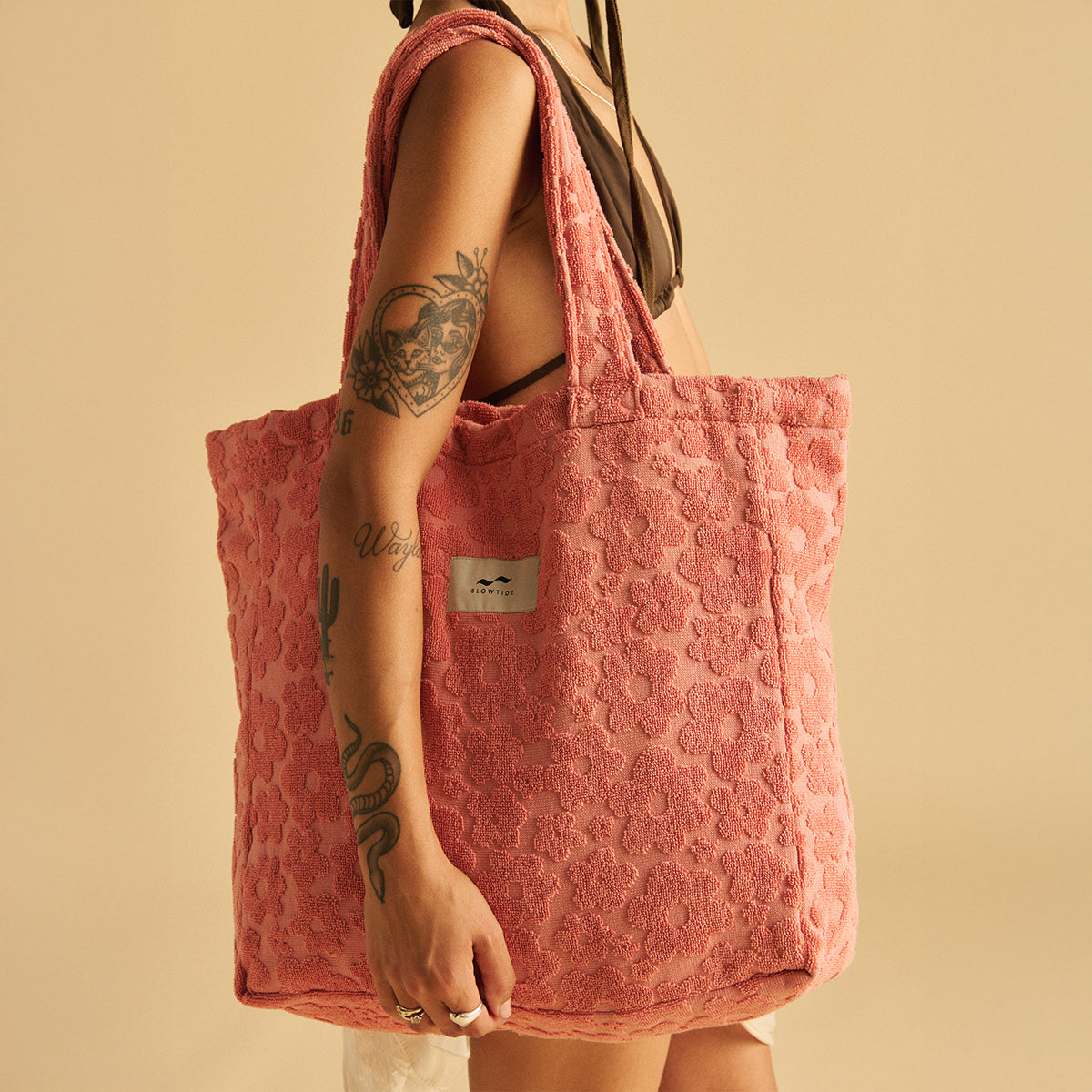 Large terry cotton tote bag with floral pattern.