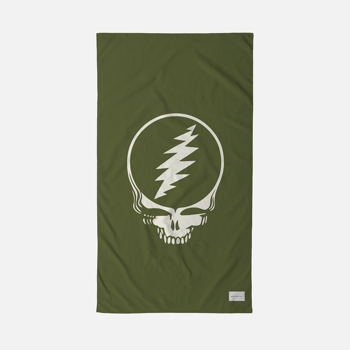 Woven olive green towel with white skull and lightning bolt design in the center.