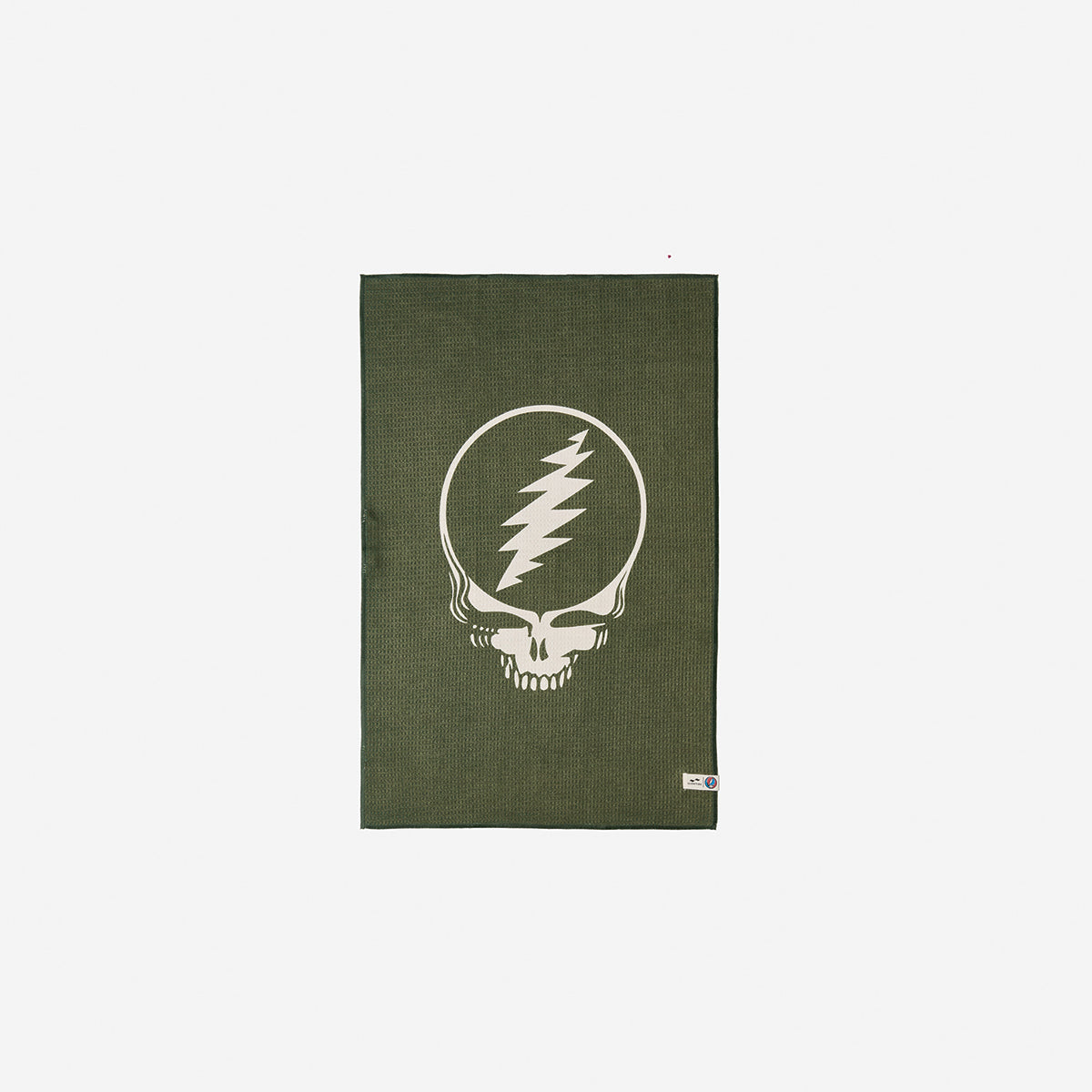 Kitchen towel, cotton, olive green with white skull and lightning bolt graphic.