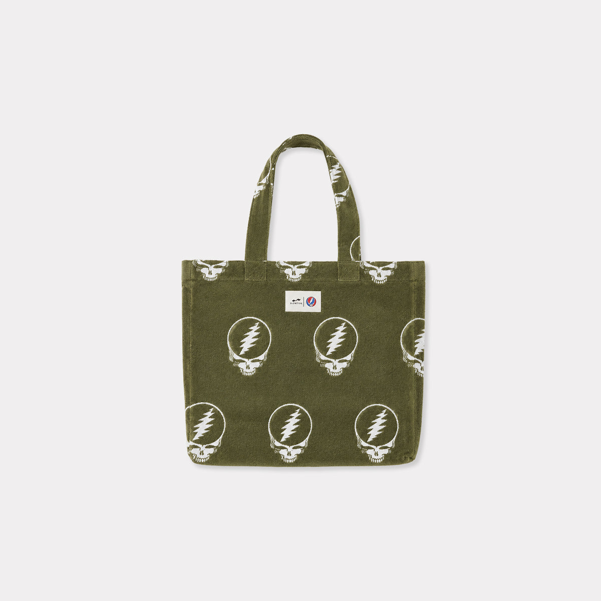 Olive green cotton terry bag with graphic print and two handles.