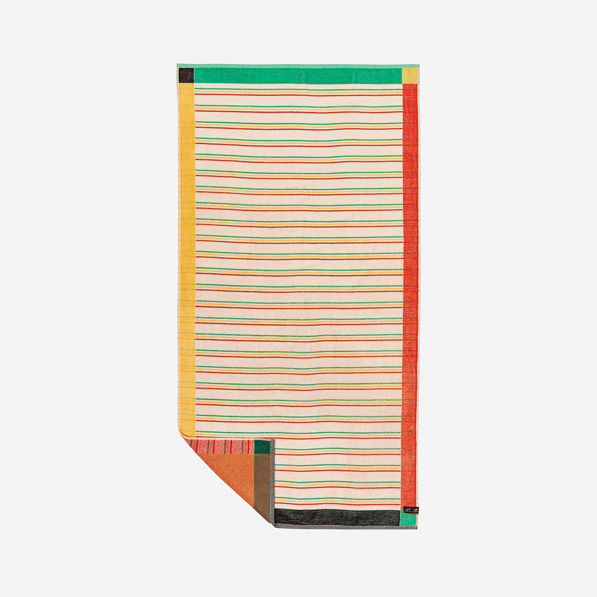 Cotton beach towel with multicolored stripes and solid borders.