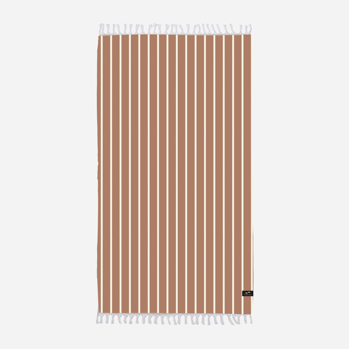 Towel with terracotta stripes and white fringe on edges.