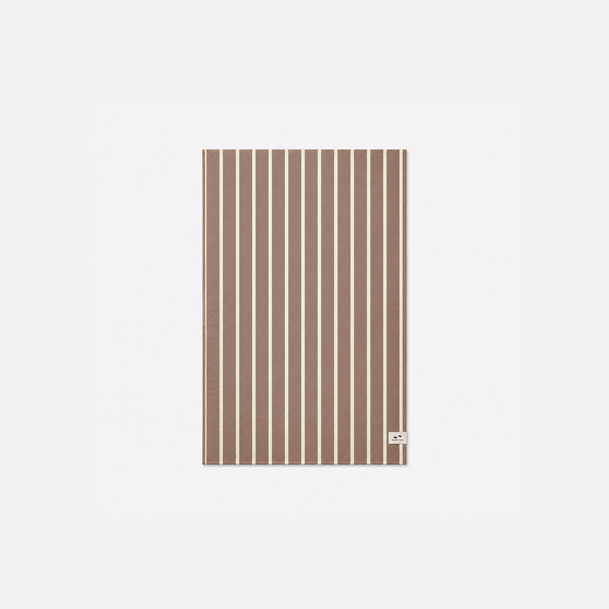 Brown towel, sustainable material, vertical cream stripes.