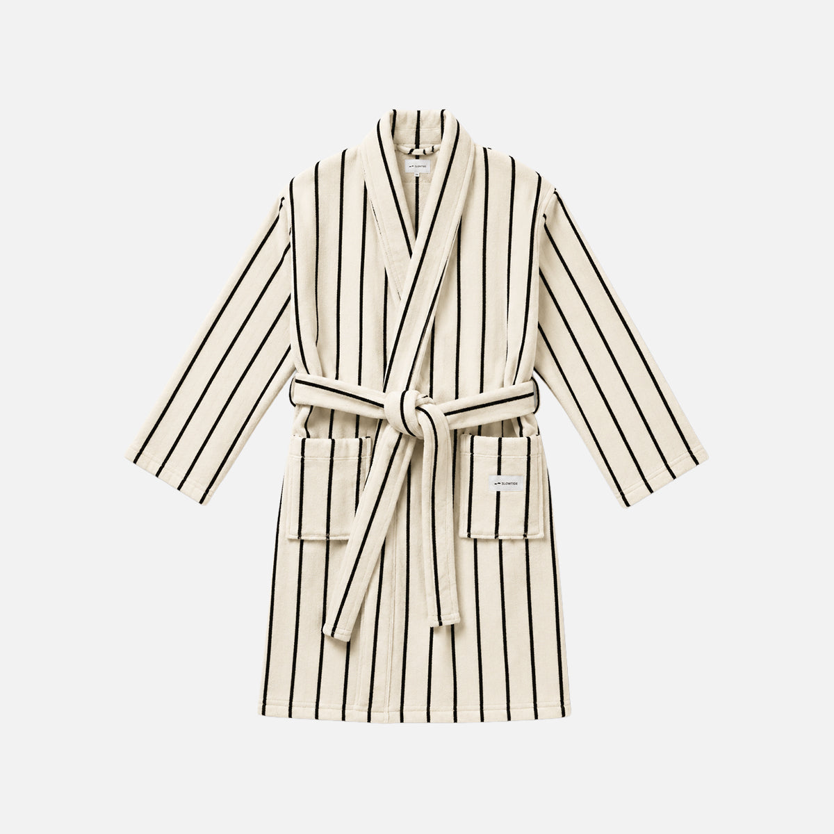 Cream striped robe with waist tie and two pockets, flat lay display.