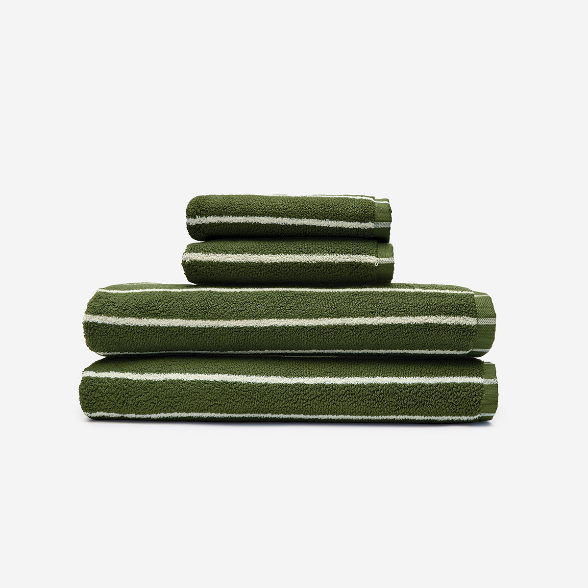 Bath towel bundle, plush green with white stripes.