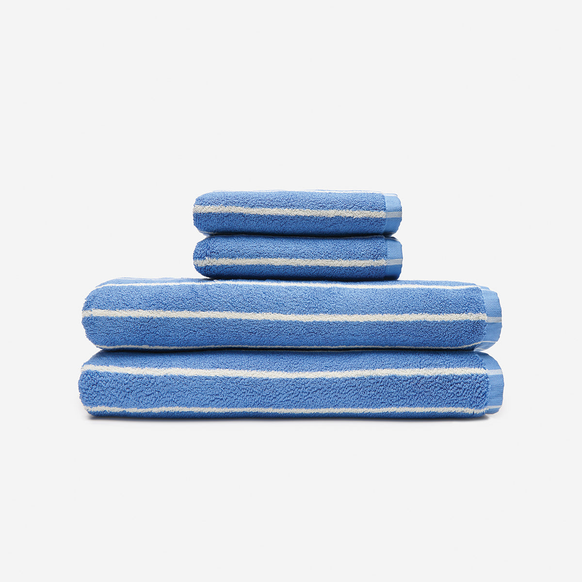 Bath towel set, plush cotton, blue stripes, bundle of four.