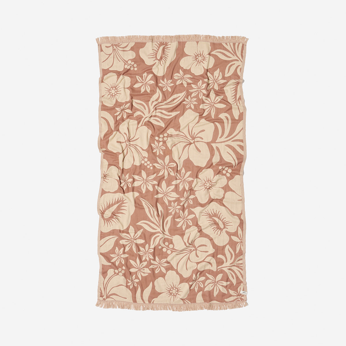 Cotton towel with beige and brown floral print, gauzy texture, and fringed edges, flat display.
