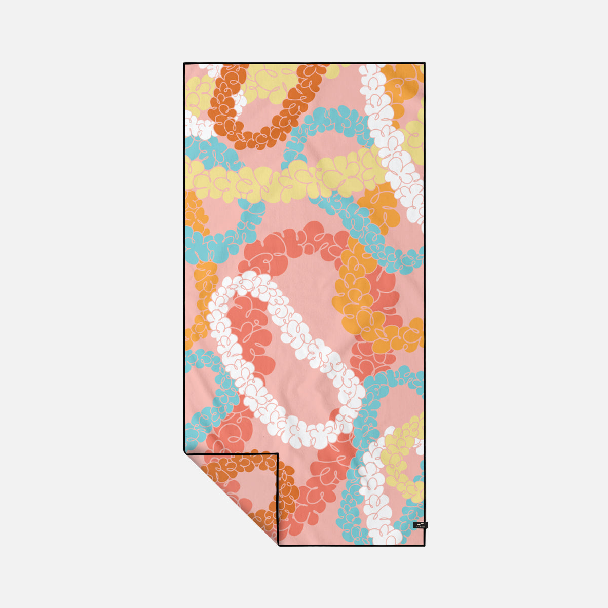 Oversized towel with colorful abstract floral chain pattern on pink background.
