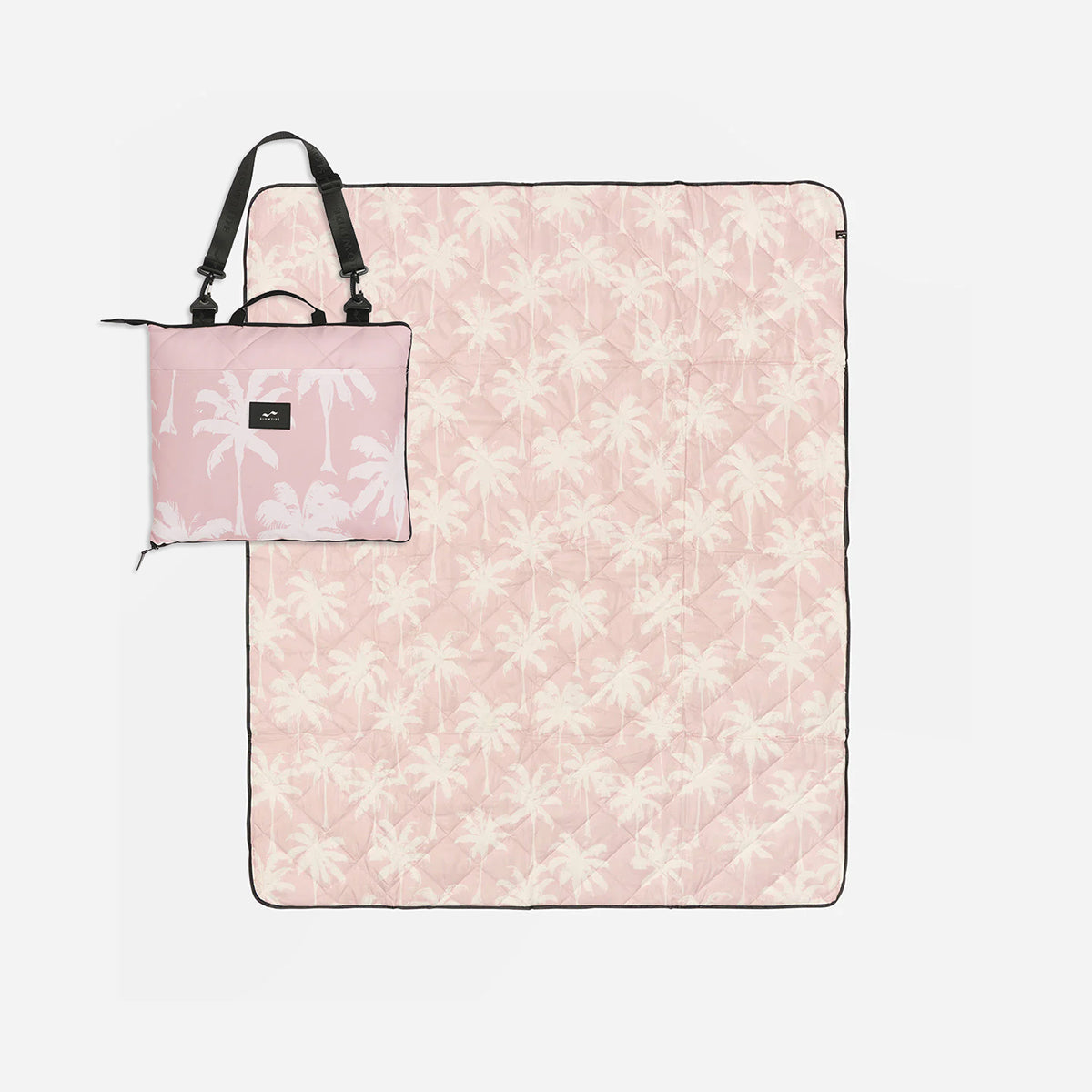 Outdoor mat, water-resistant with pink palm tree pattern, matching carrying case included.