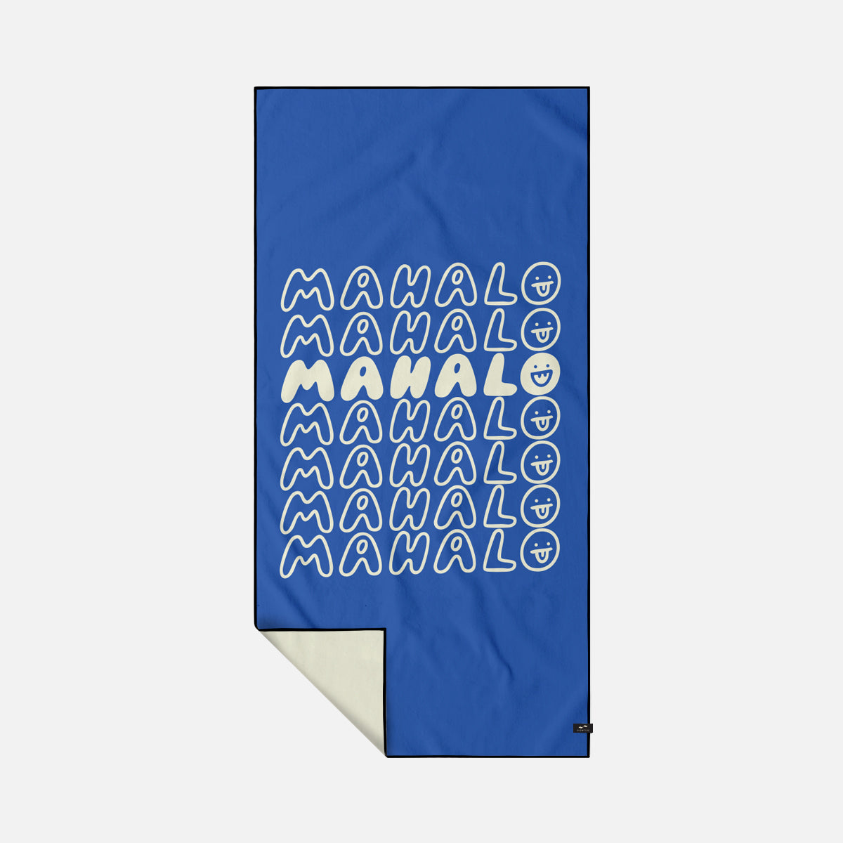 Blue beach towel with bolded MAHAL text and white smiley face pattern.