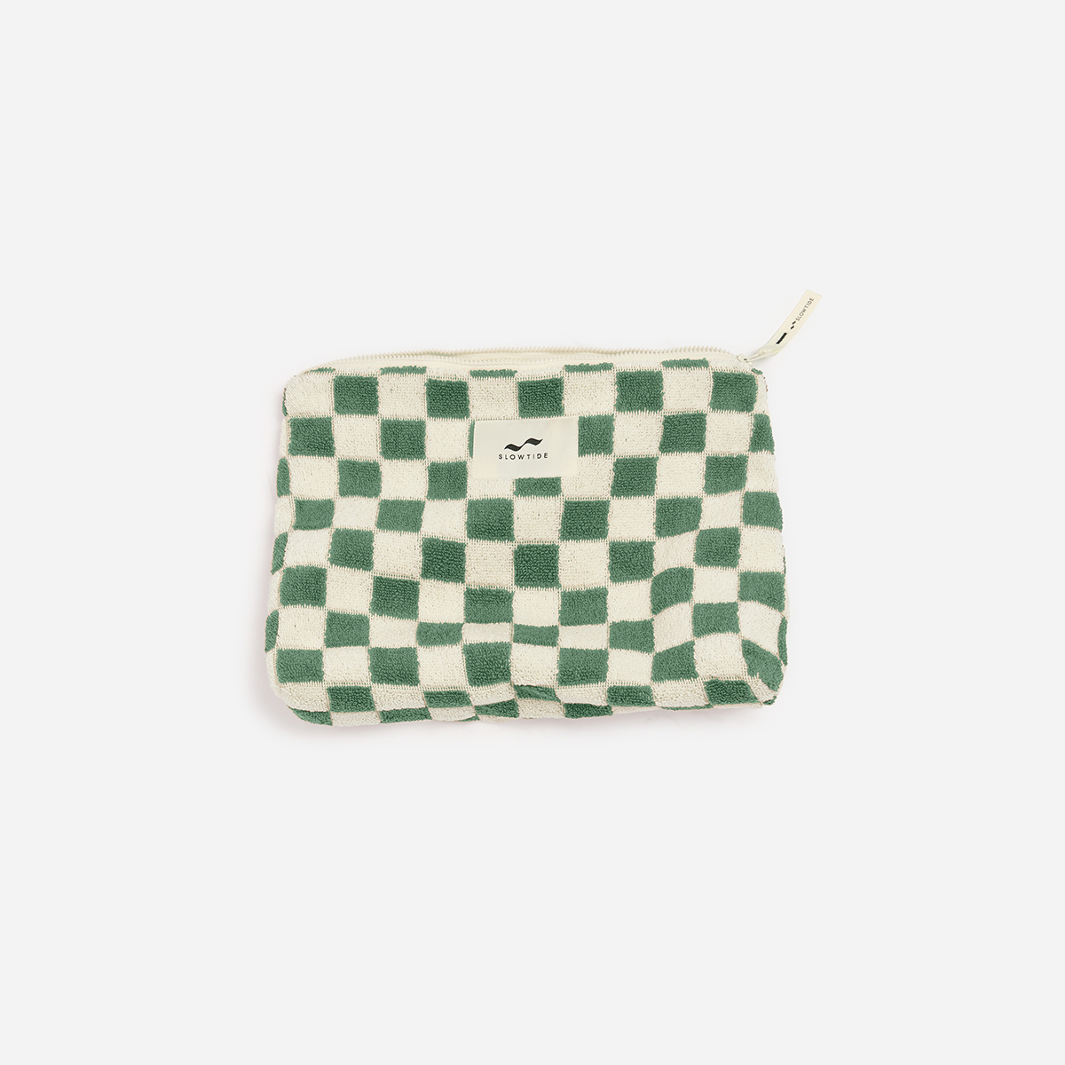 Cotton canvas pouch with green and white checkered pattern and zip closure.