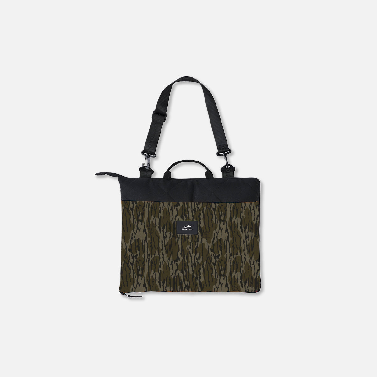 Camouflage tote bag with black handles and spacious interior for carrying essentials.