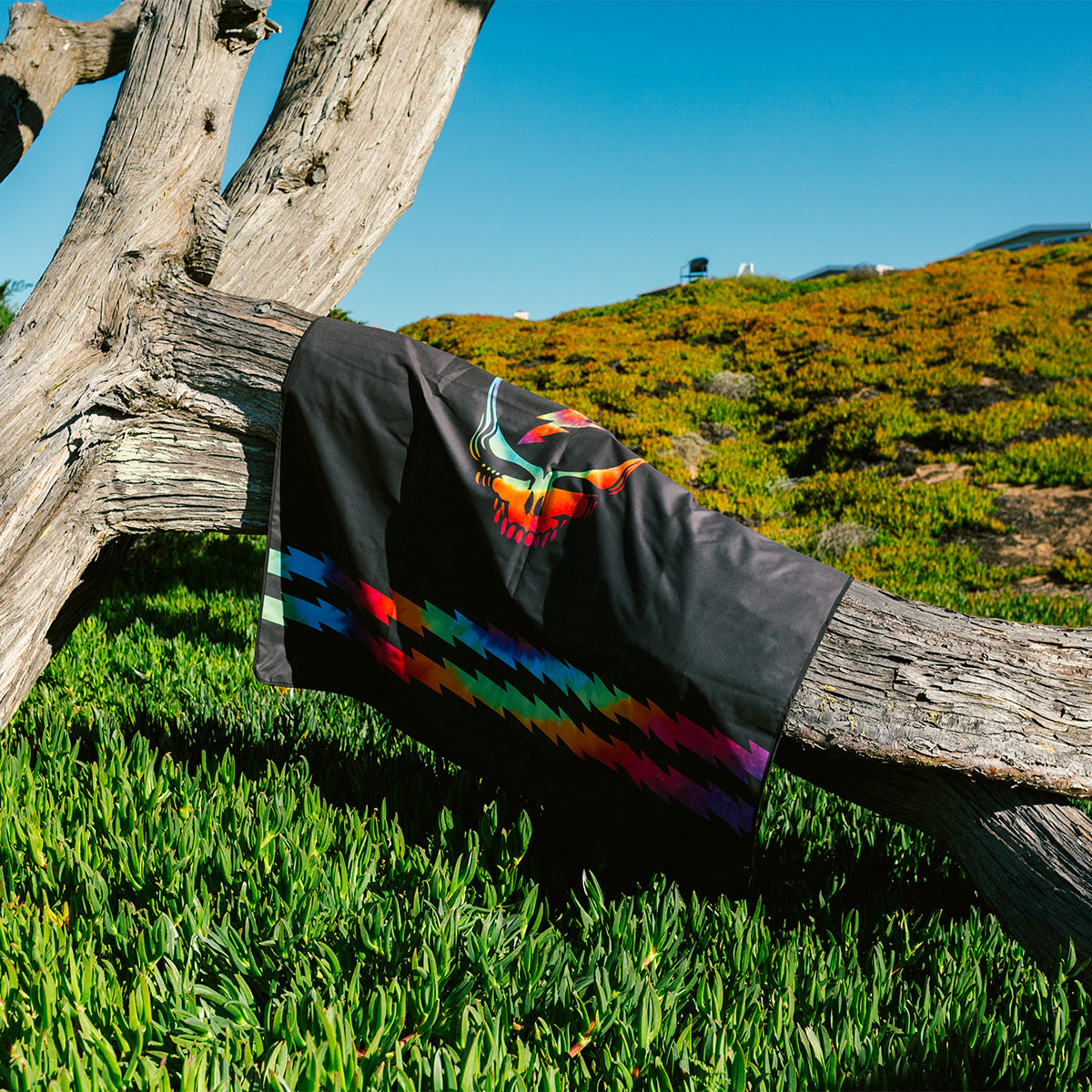 Sand-free black blanket with colorful patterns, shown draped outdoors.