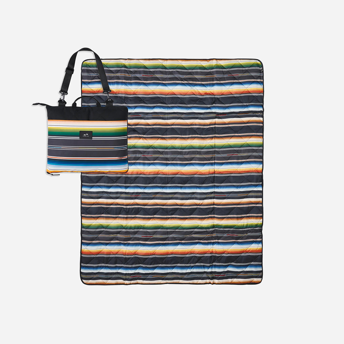 Outdoor blanket with water-resistant fabric and matching striped storage bag.