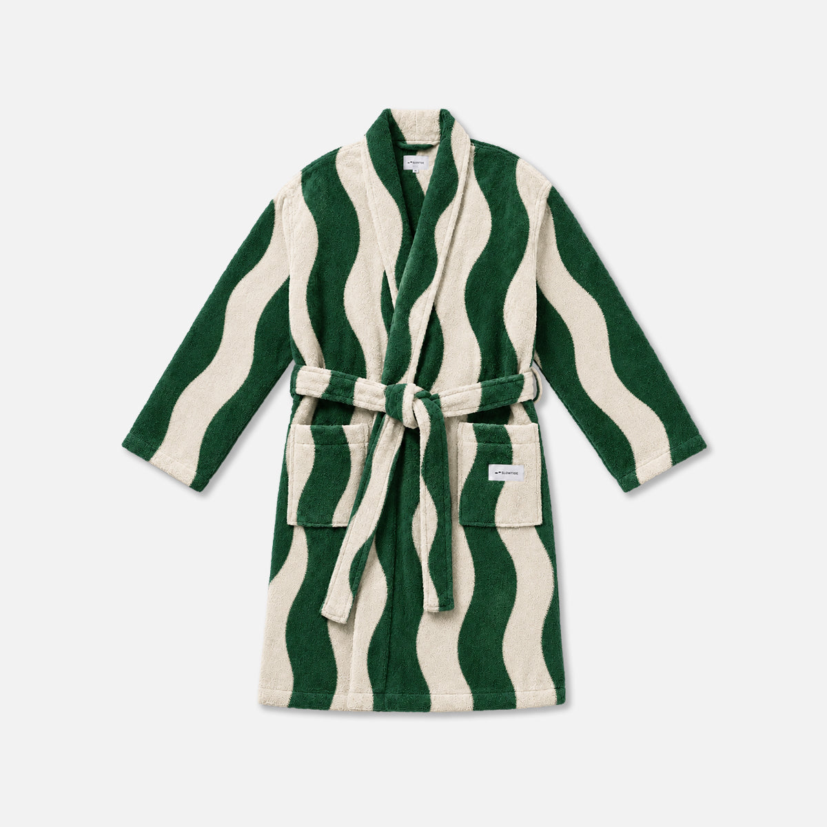 Bathrobe with green and cream wavy stripes, two pockets, and matching belt, shown flat.