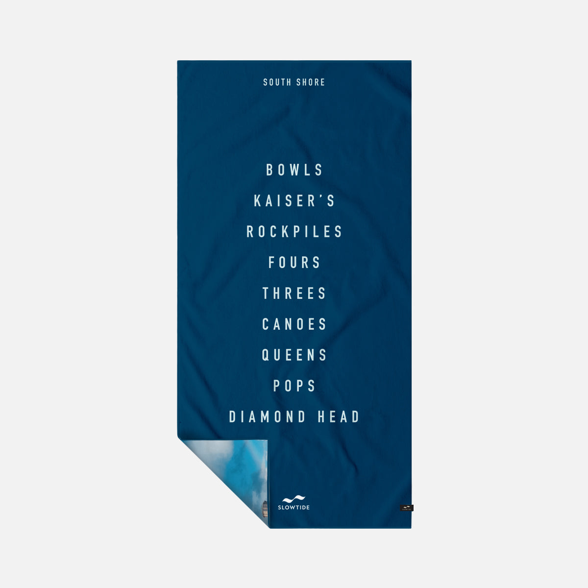 Blue recycled plastic towel with white surf spot names, South Shore featured at the top.