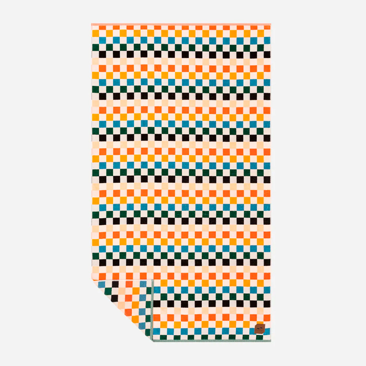 Cotton towel with orange, teal, black, and white checked stripes.