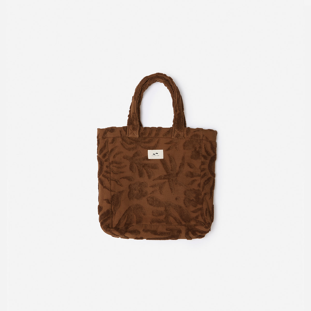 Brown textured tote bag, cotton canvas lining, built-in pocket, small white label.