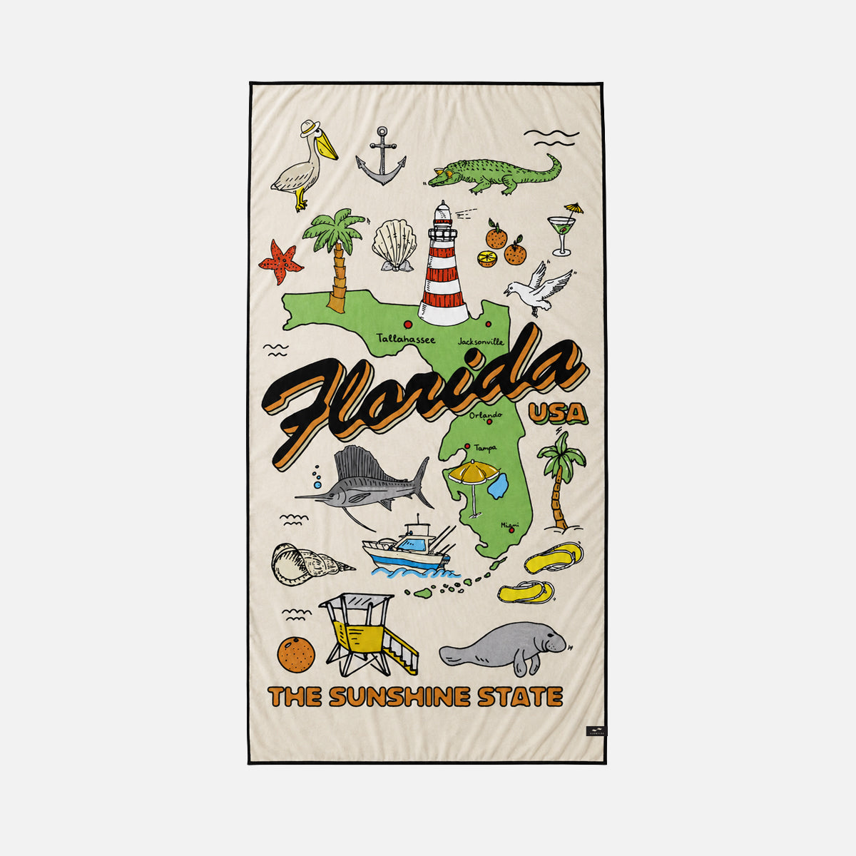 Quick-drying travel towel with Florida map, colorful animals, landmarks, and The Sunshine State text.