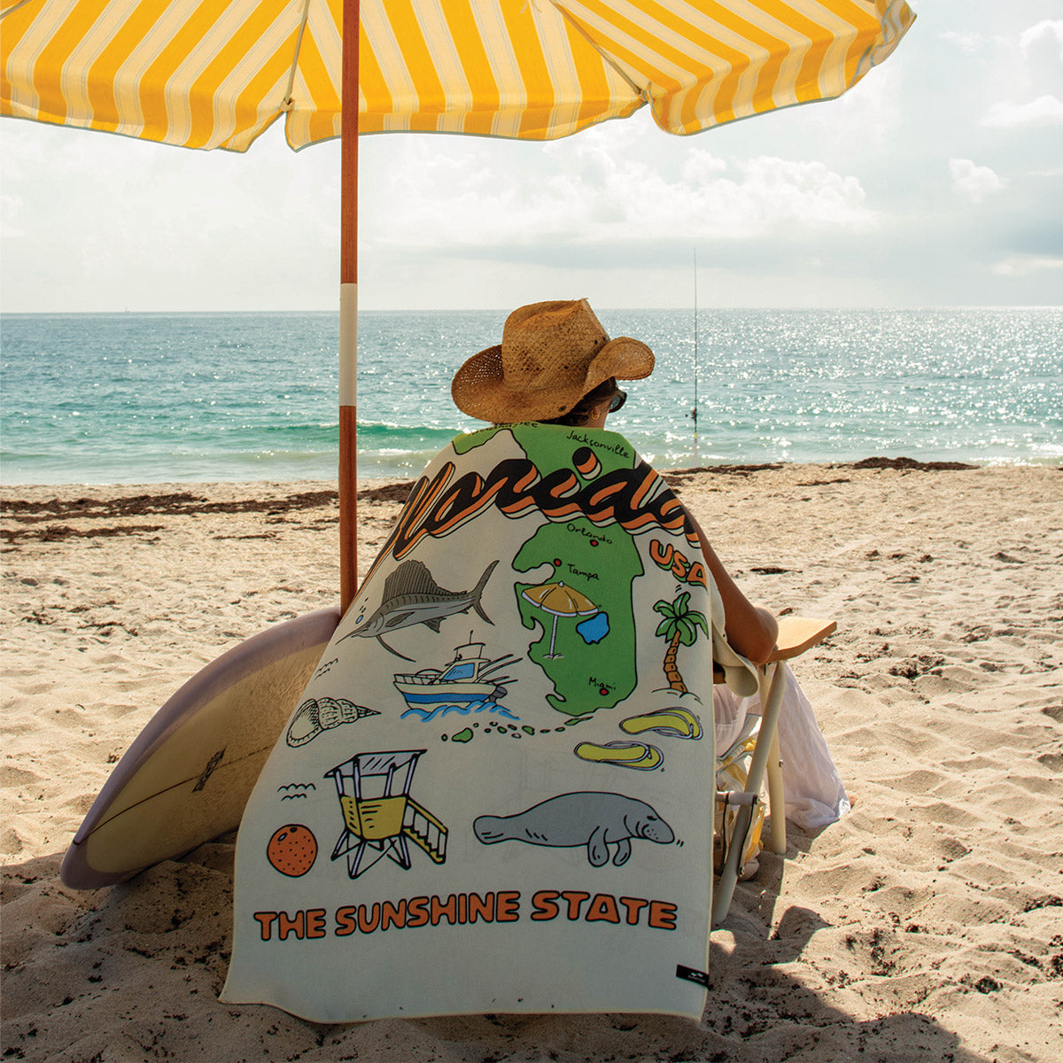 Cowboy hat with quick-drying travel towel on the beach under a yellow umbrella.