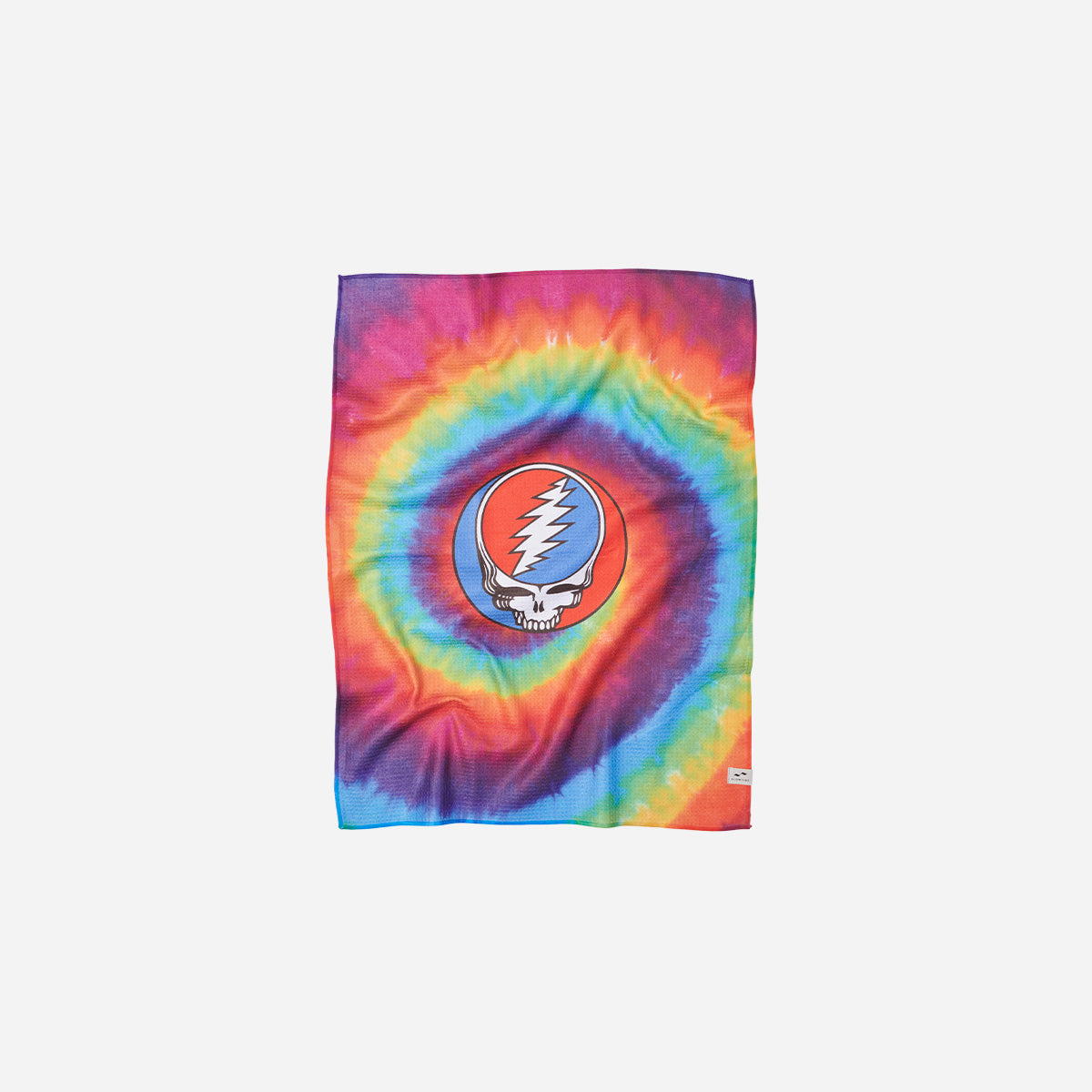 Kitchen towel with a rainbow tie-dye skull and lightning bolt pattern.