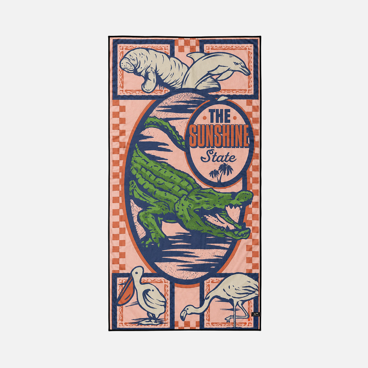 Microfiber towel with colorful alligator, manatee, dolphin, and Florida-themed design.
