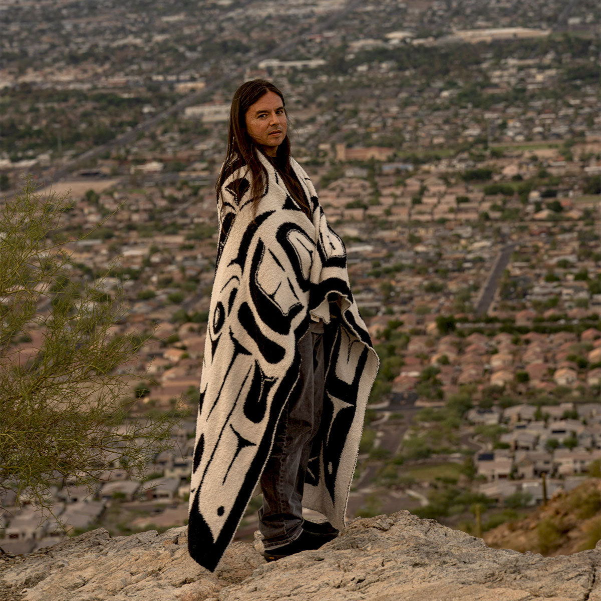 Tlingit blanket with Eagle design, wool, featuring bold indigenous pattern.