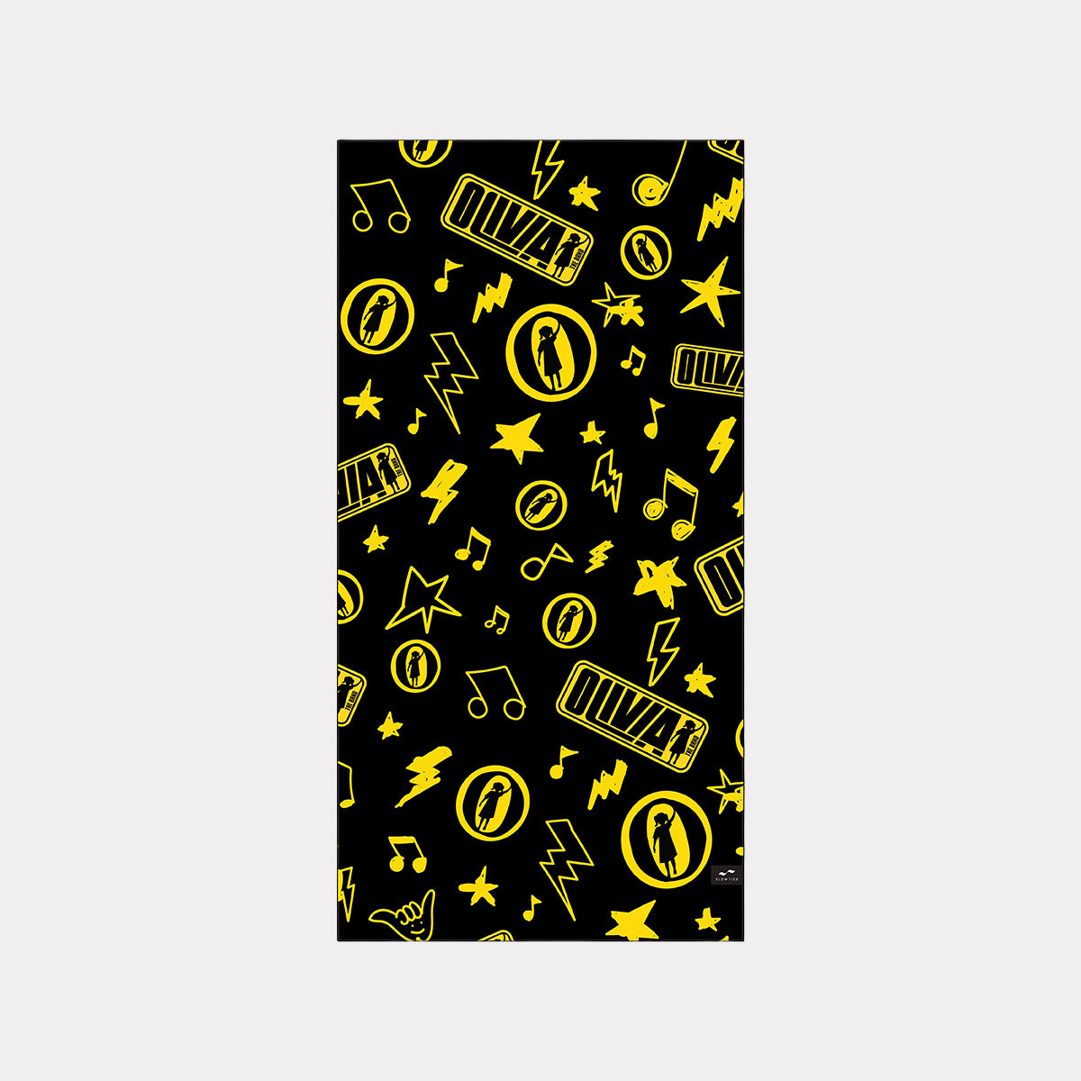 Quick-drying recycled plastic towel with yellow music-themed icons on black.