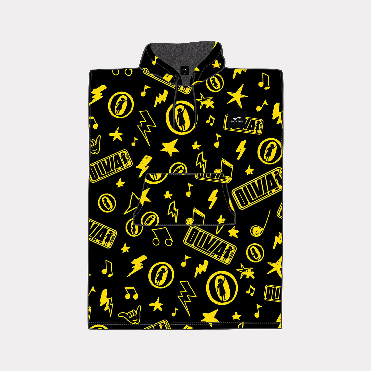 Black towel poncho with yellow musical notes and lightning bolt pattern.