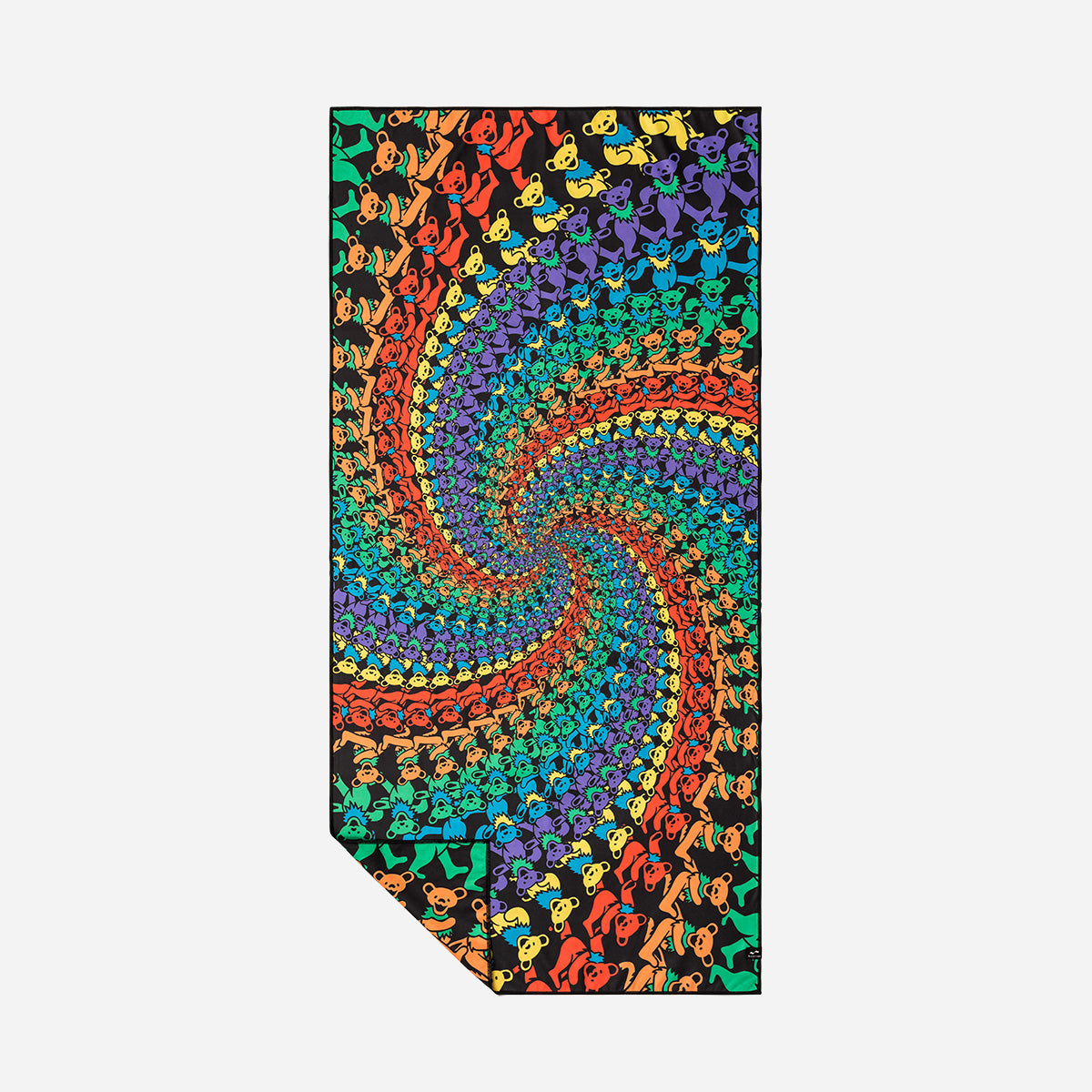 Towel with spiraling rainbow bears pattern, black, sand-free and quick drying.