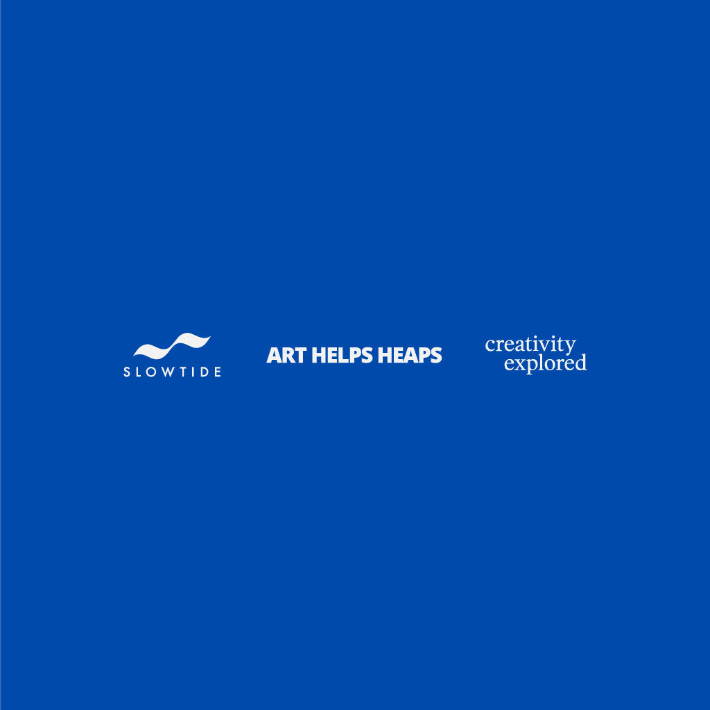 White text on a solid blue background displays three logos: Slowtide with a wave icon, ART HELPS HEAPS in bold, and Creativity Explored in a serif font.