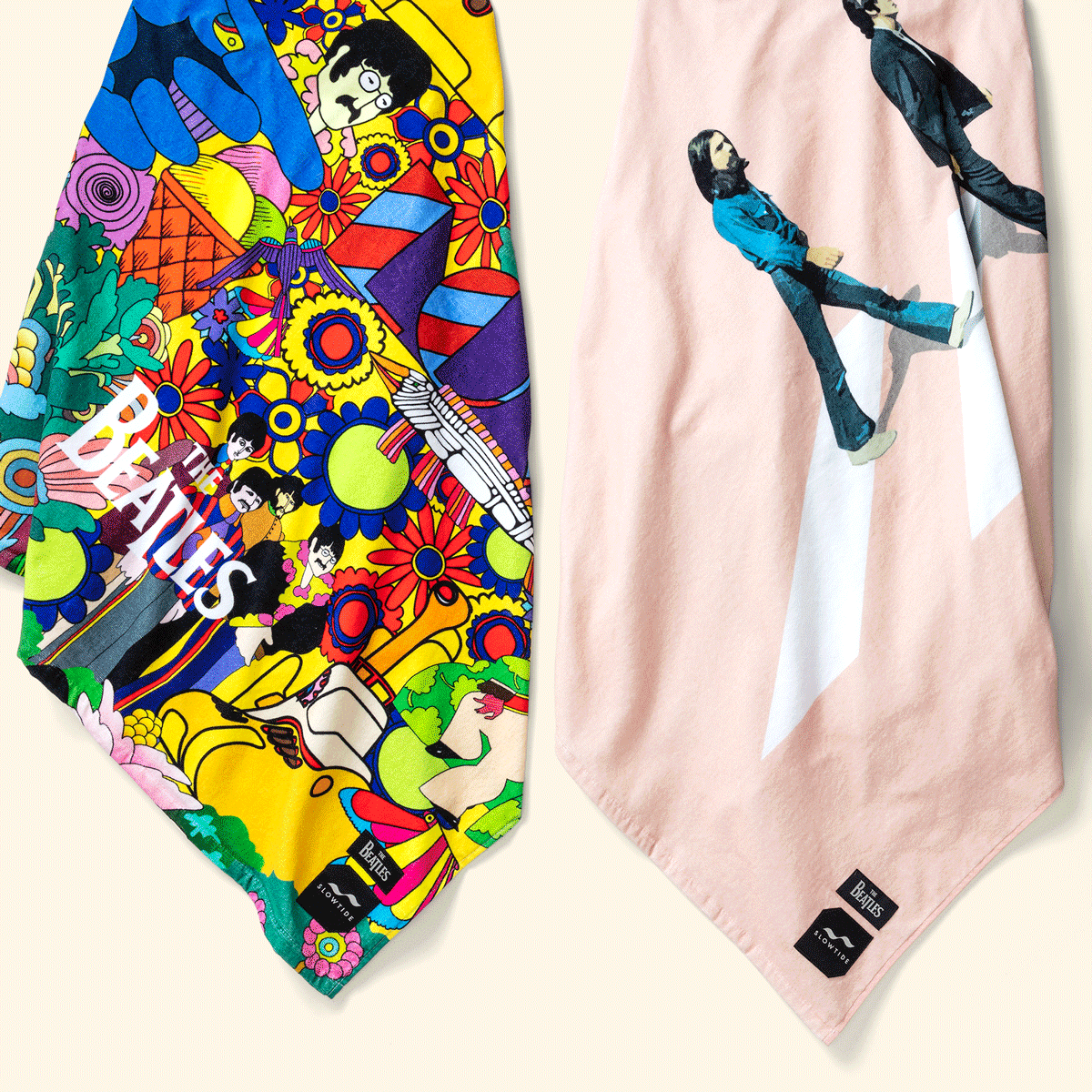 Two colorful bandanas: one with psychedelic The Beatles artwork, the other pink with silhouettes of the band members crossing Abbey Road. Both display official Beatles branding.