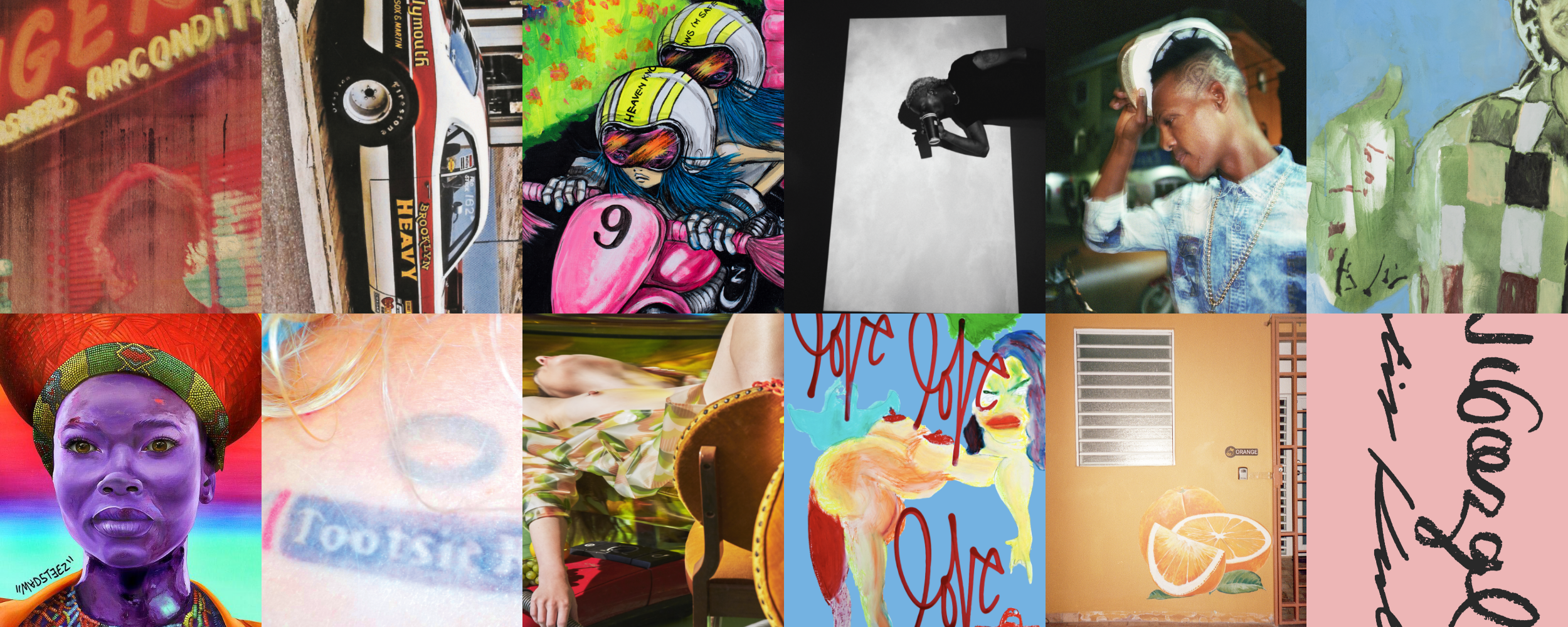 A collage of twelve vibrant, diverse artworks featuring portraits, racing scenes, abstract designs, text, and colorful patterns arranged in a 4x3 grid.