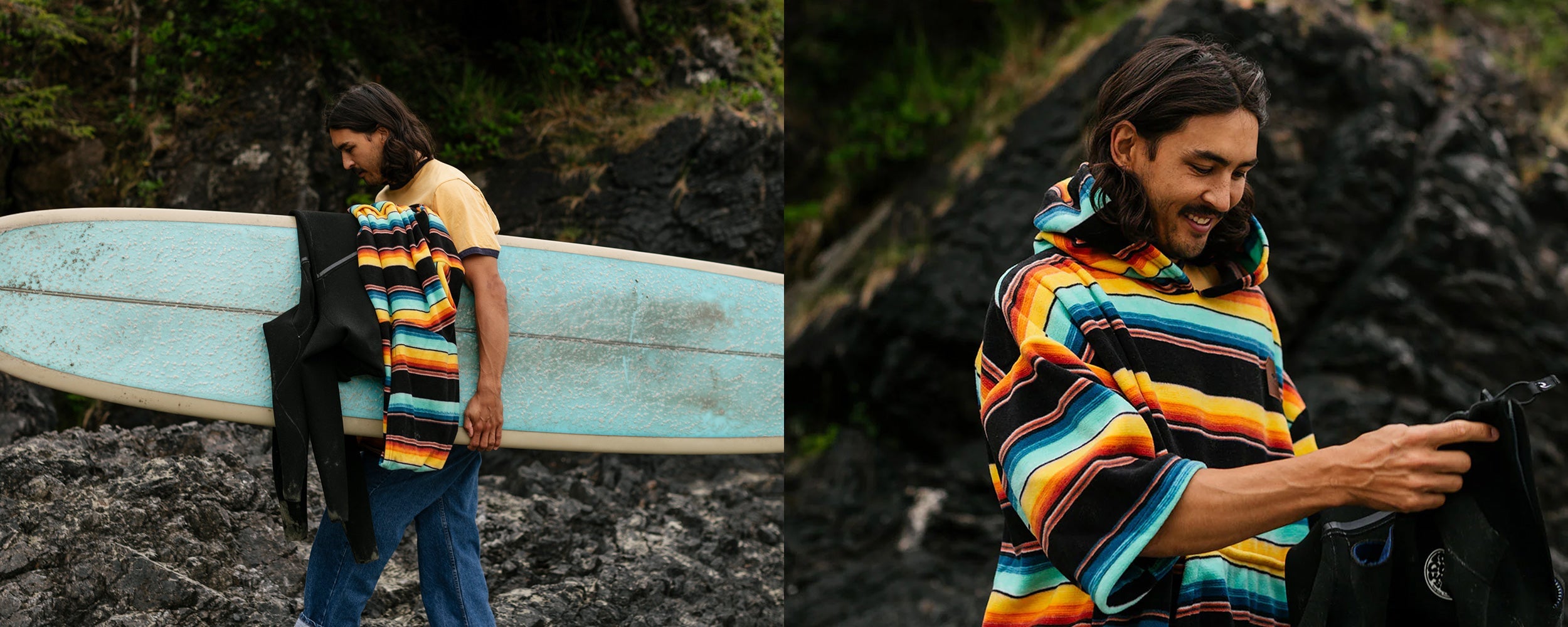 A man with long hair carries a surfboard and wetsuit on rocky terrain, wearing a striped poncho; in a close-up, he smiles while holding the wetsuit.