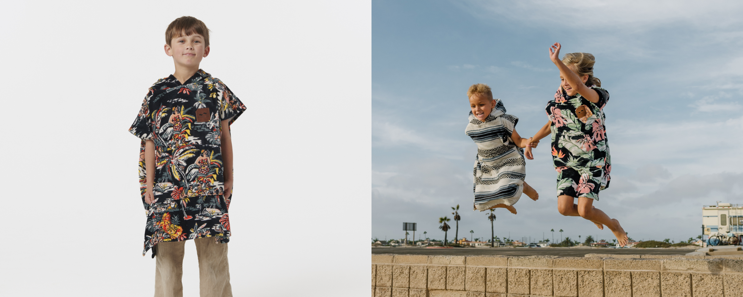 Split image: On the left, a boy stands in a colorful printed shirt and beige pants against a white background. On the right, two smiling children in printed shirts jump joyfully outdoors by a wall under a partly cloudy sky.